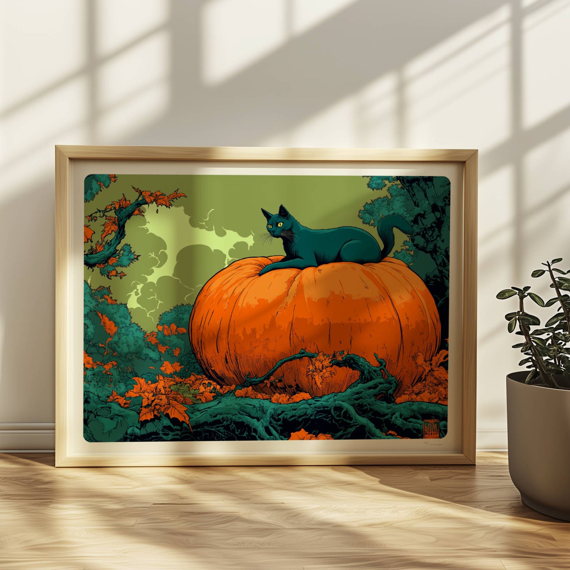 Schwarze Katze liegt auf großem Kürbis im herbstlichen Wald mit geheimnisvoller Atmosphäre.. Rahmen natur 40x30
