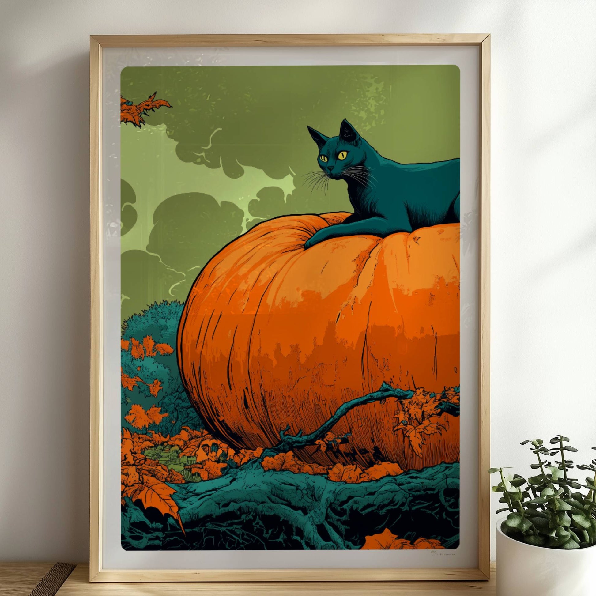 Schwarze Katze liegt auf großem Kürbis im herbstlichen Wald mit geheimnisvoller Atmosphäre.. Rahmen natur 50x70