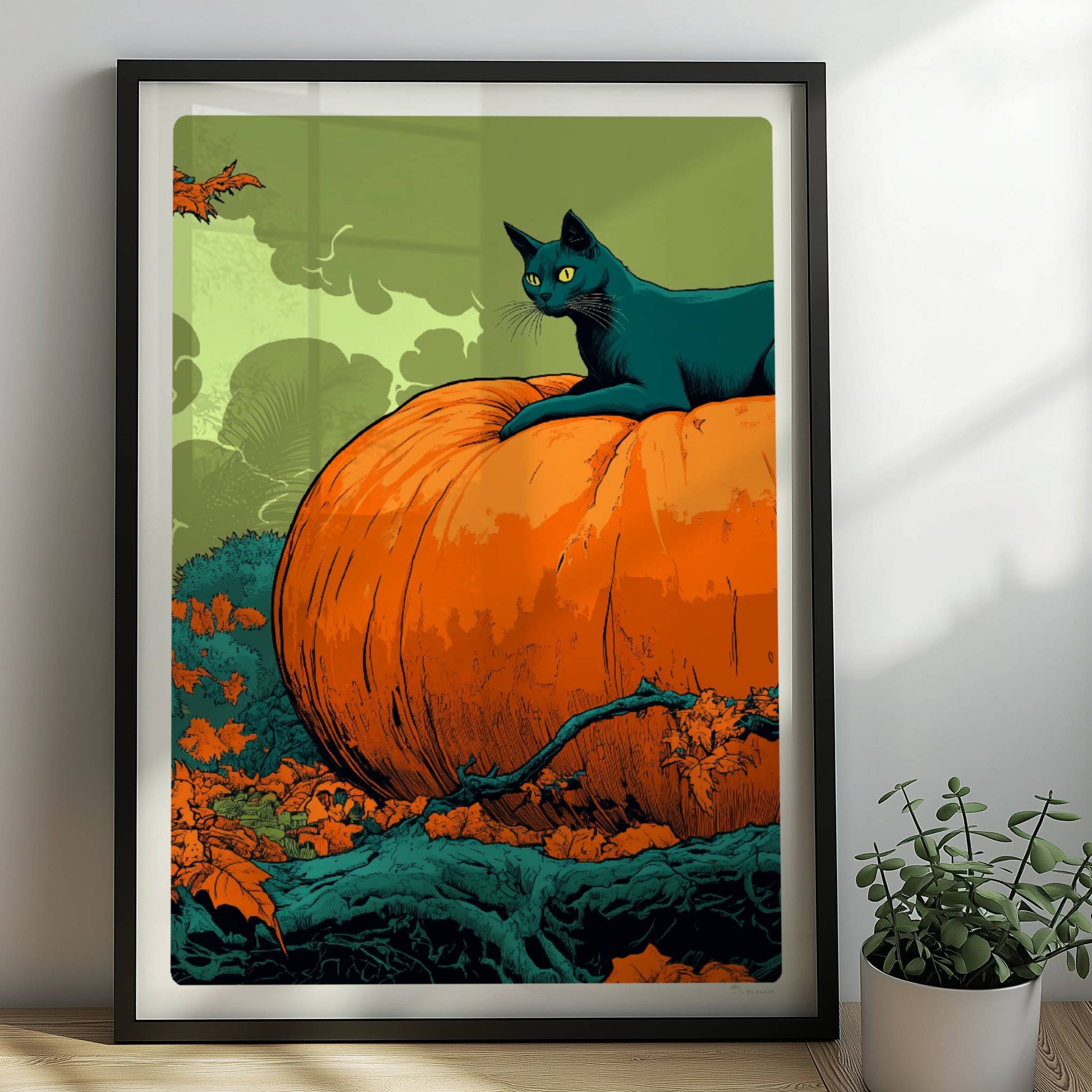 Schwarze Katze liegt auf großem Kürbis im herbstlichen Wald mit geheimnisvoller Atmosphäre.. Rahmen schwarz 50x70
