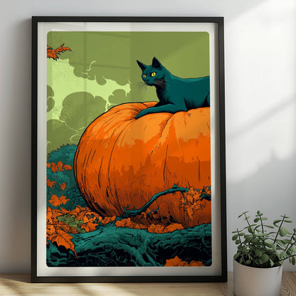 Schwarze Katze liegt auf großem Kürbis im herbstlichen Wald mit geheimnisvoller Atmosphäre.. Rahmen schwarz 50x70