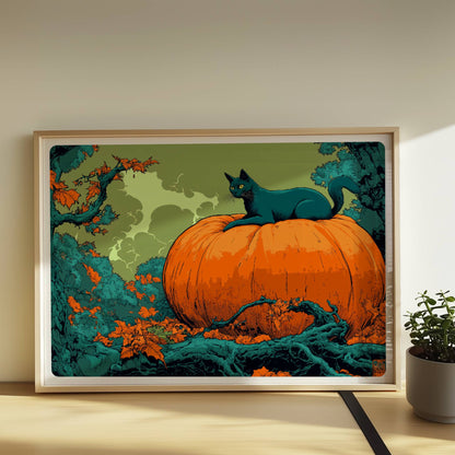 Schwarze Katze liegt auf großem Kürbis im herbstlichen Wald mit geheimnisvoller Atmosphäre.. Rahmen natur 70x50