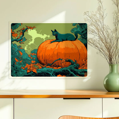 Schwarze Katze liegt auf großem Kürbis im herbstlichen Wald mit geheimnisvoller Atmosphäre.. Ohne Rahmen 70x50