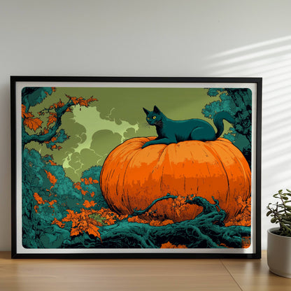 Schwarze Katze liegt auf großem Kürbis im herbstlichen Wald mit geheimnisvoller Atmosphäre.. Rahmen schwarz 70x50