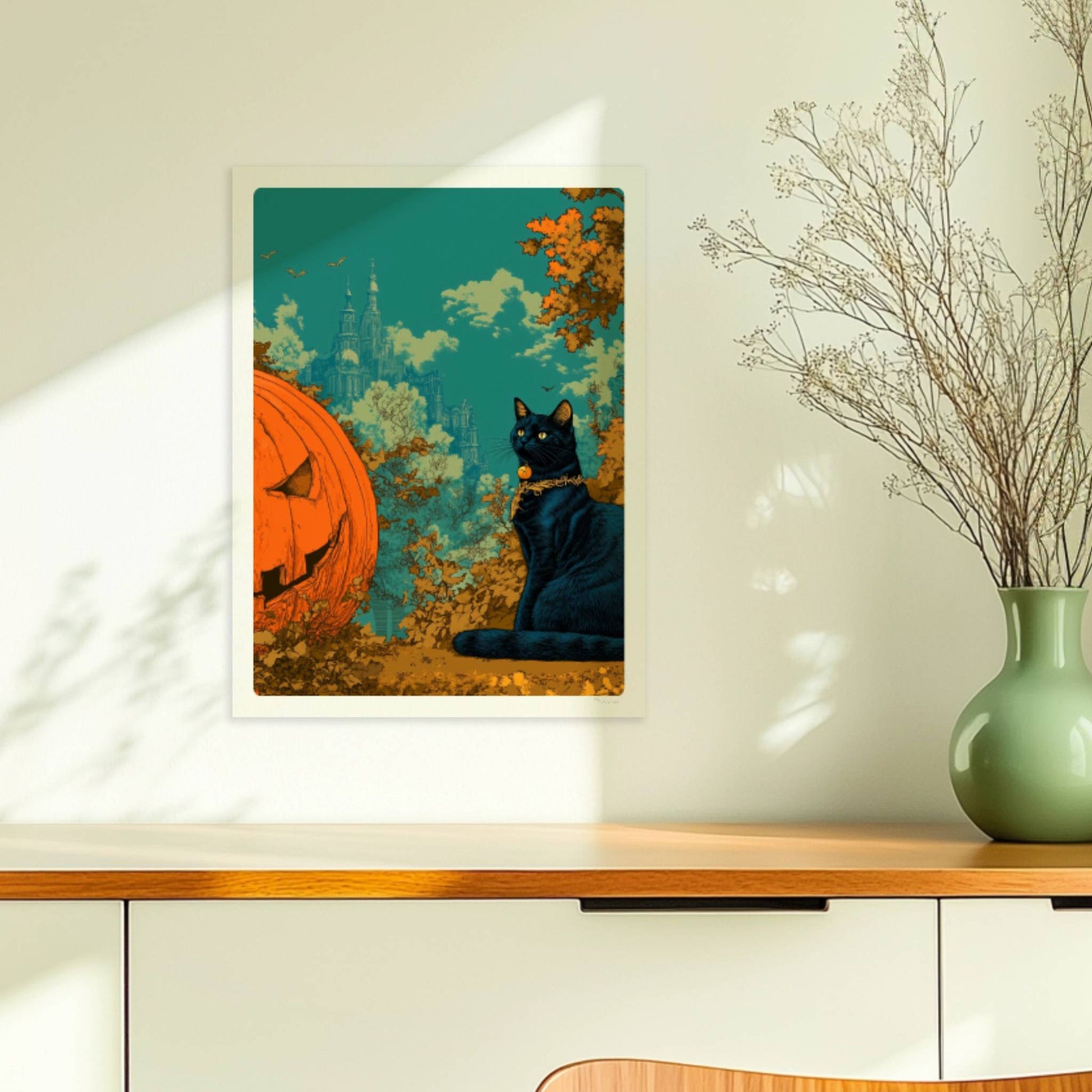 Schwarze Katze sitzt neben geschnitztem Kürbis mit leuchtendem Gesicht im fantasievollen Wald.. Ohne Rahmen 30x40