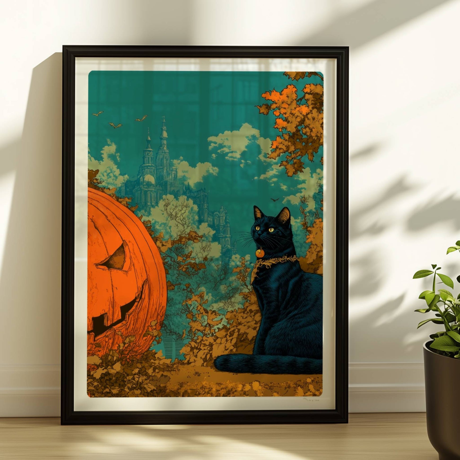 Schwarze Katze sitzt neben geschnitztem Kürbis mit leuchtendem Gesicht im fantasievollen Wald.. Rahmen schwarz 30x40