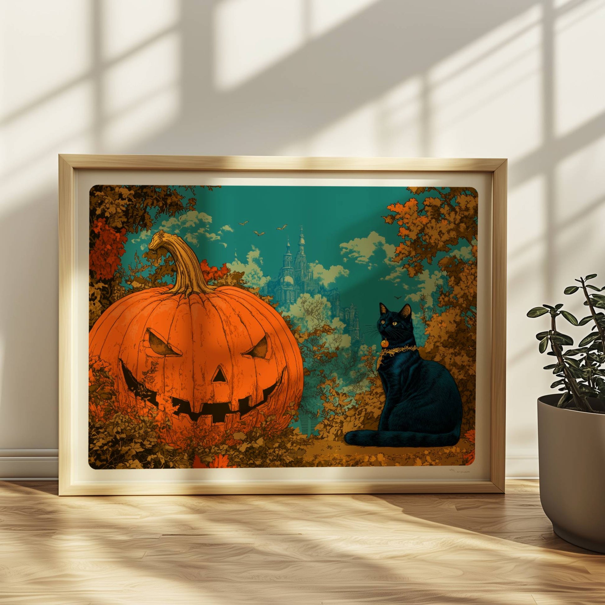 Schwarze Katze sitzt neben geschnitztem Kürbis mit leuchtendem Gesicht im fantasievollen Wald.. Rahmen natur 40x30