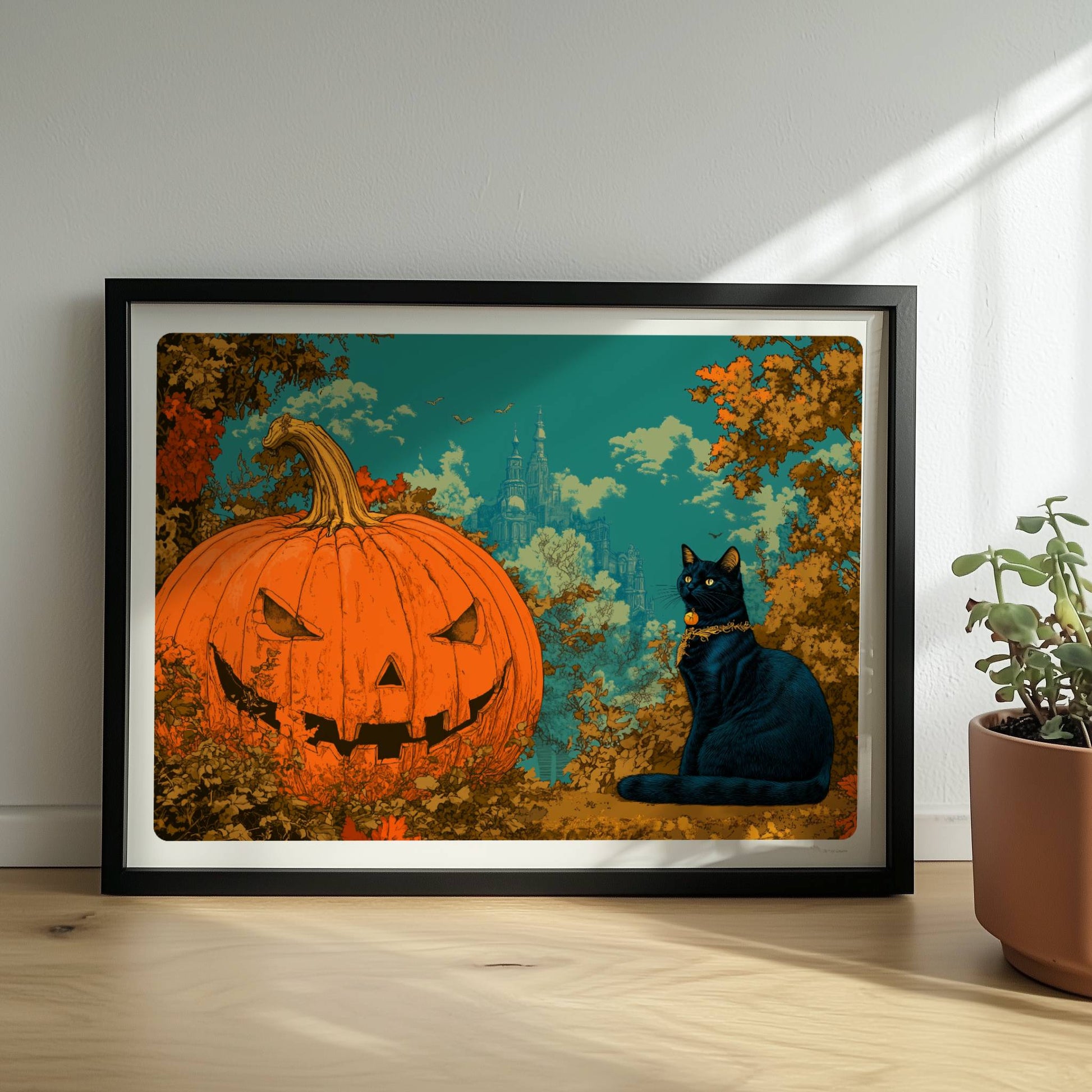 Schwarze Katze sitzt neben geschnitztem Kürbis mit leuchtendem Gesicht im fantasievollen Wald.. Rahmen schwarz 40x30