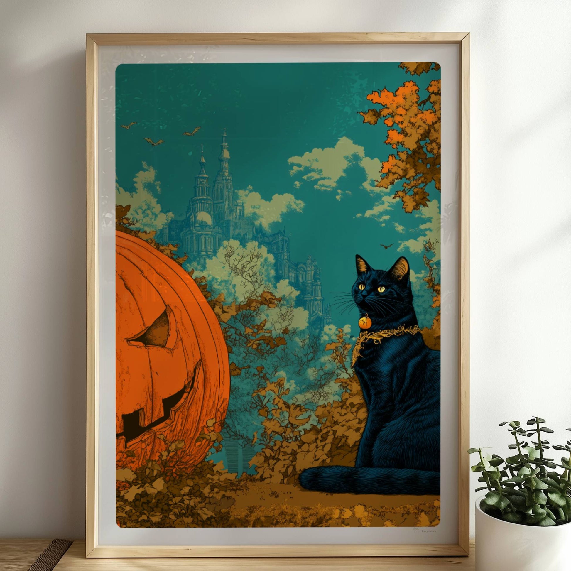 Schwarze Katze sitzt neben geschnitztem Kürbis mit leuchtendem Gesicht im fantasievollen Wald.. Rahmen natur 50x70