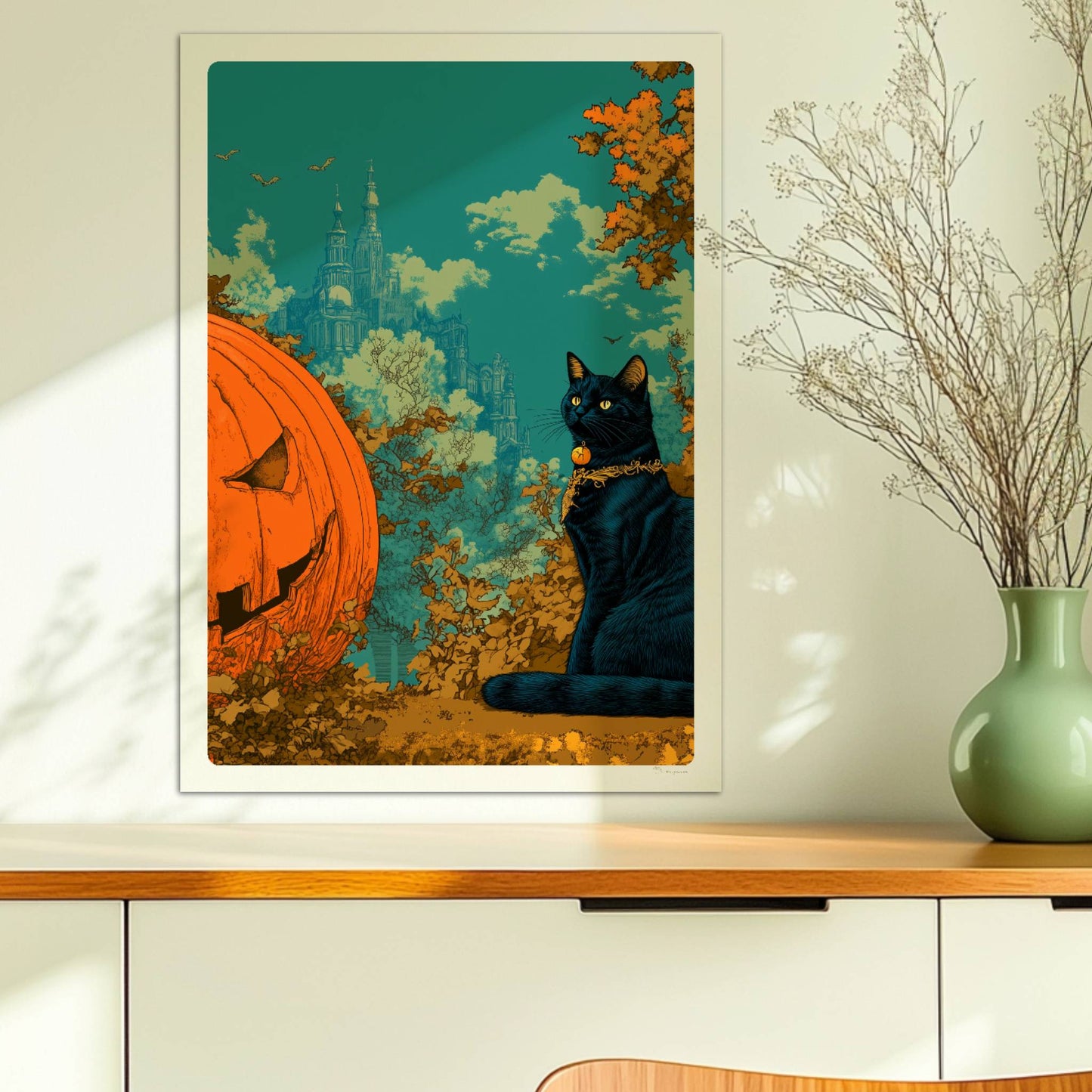 Schwarze Katze sitzt neben geschnitztem Kürbis mit leuchtendem Gesicht im fantasievollen Wald.. Ohne Rahmen 50x70