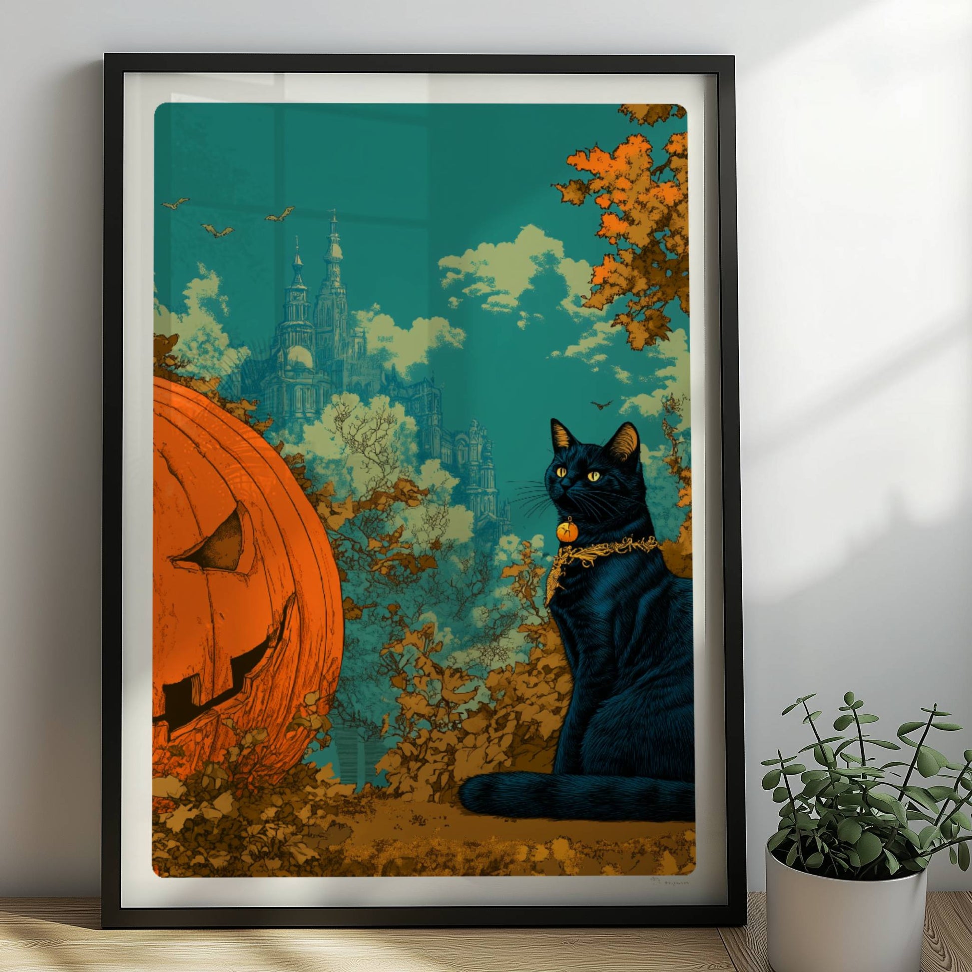 Schwarze Katze sitzt neben geschnitztem Kürbis mit leuchtendem Gesicht im fantasievollen Wald.. Rahmen schwarz 50x70