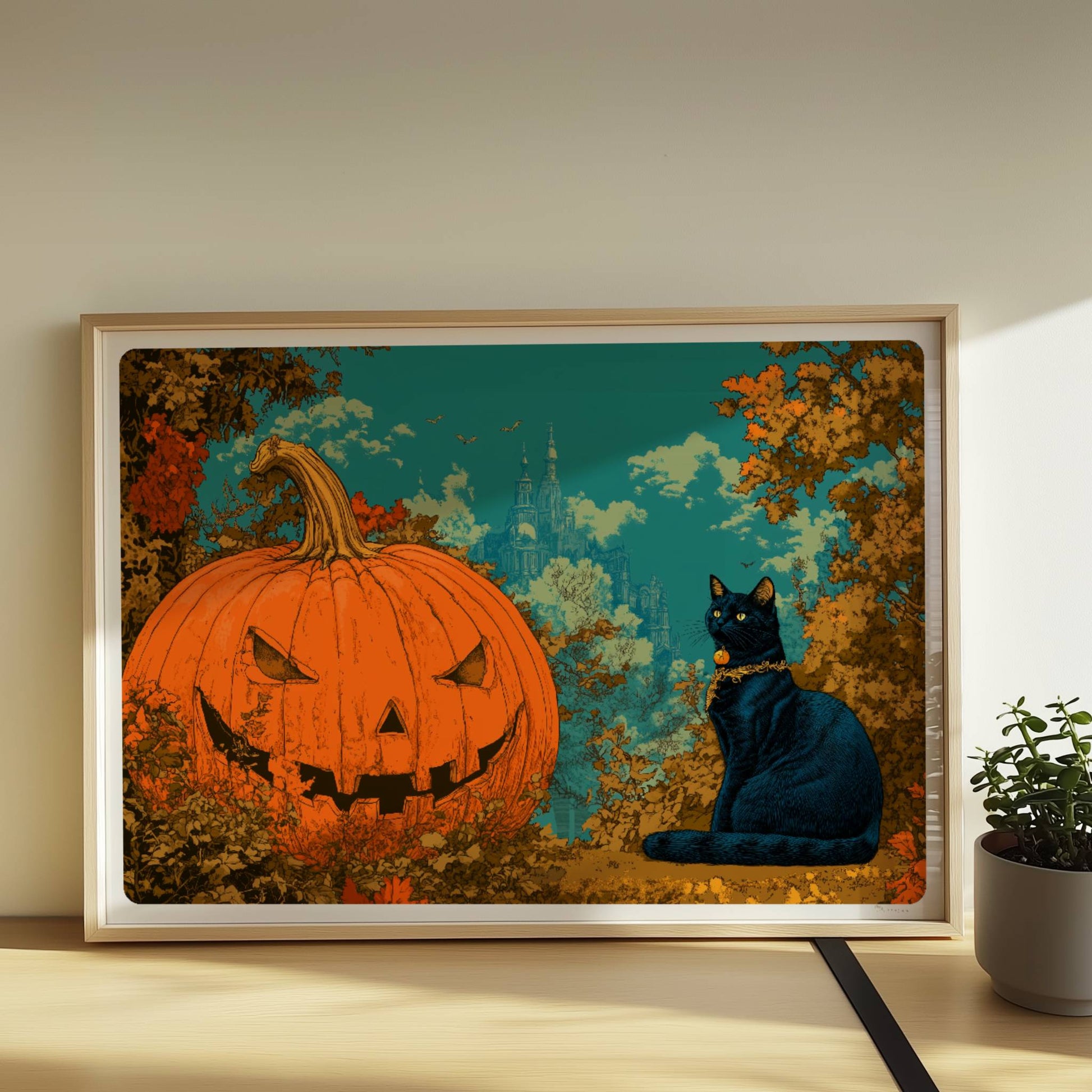 Schwarze Katze sitzt neben geschnitztem Kürbis mit leuchtendem Gesicht im fantasievollen Wald.. Rahmen natur 70x50
