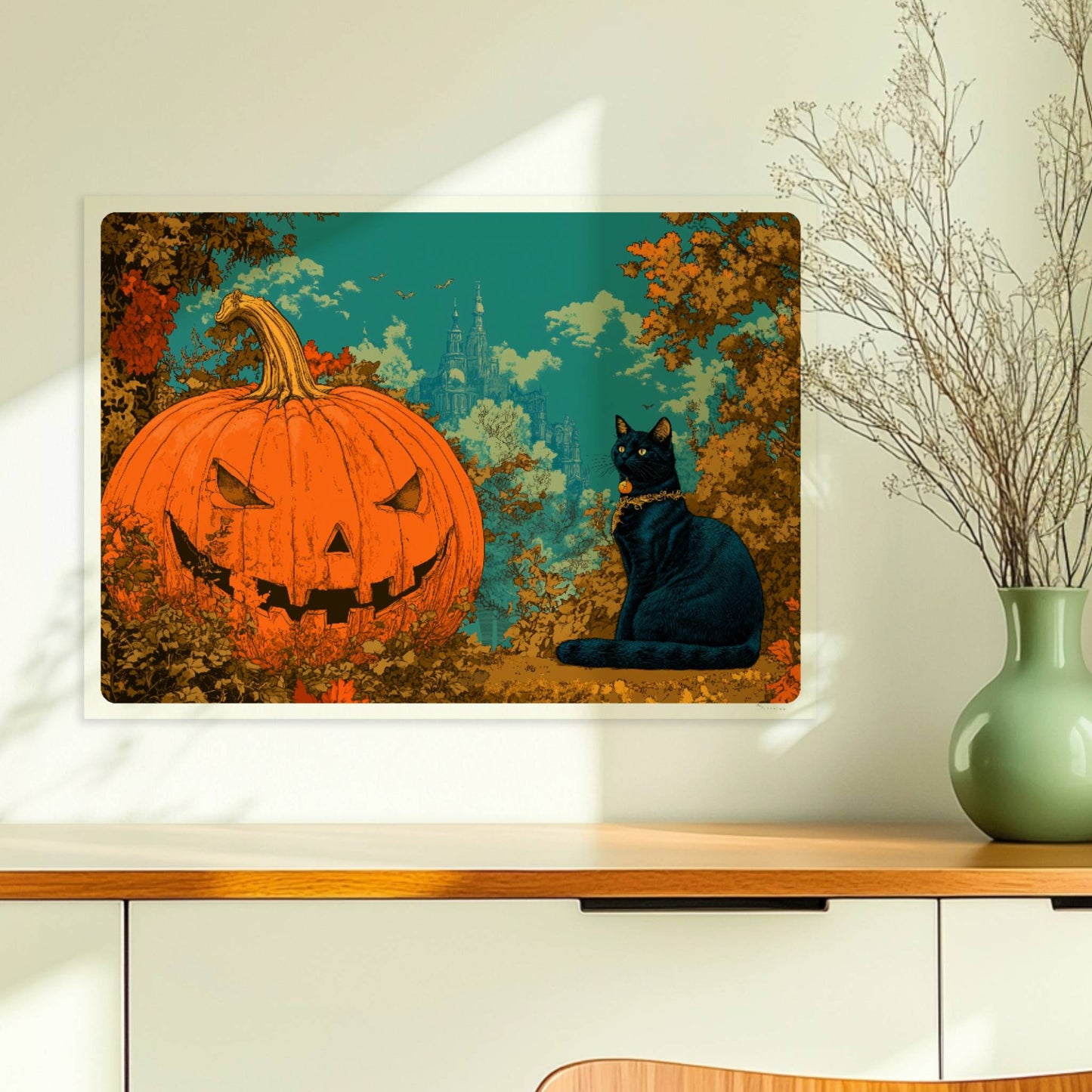 Schwarze Katze sitzt neben geschnitztem Kürbis mit leuchtendem Gesicht im fantasievollen Wald.. Ohne Rahmen 70x50