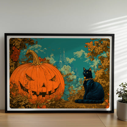 Schwarze Katze sitzt neben geschnitztem Kürbis mit leuchtendem Gesicht im fantasievollen Wald.. Rahmen schwarz 70x50