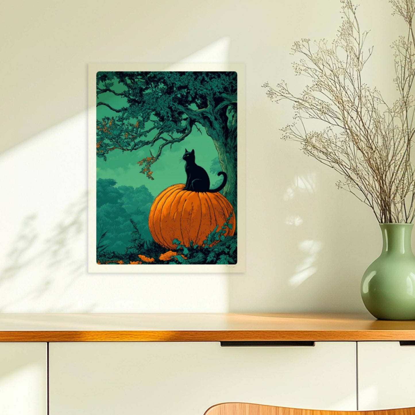 Schwarze Katze auf Kürbis unter orangefarbener Vollmondnacht im dichten Wald, geheimnisvolle Stimmung.. Ohne Rahmen 30x40