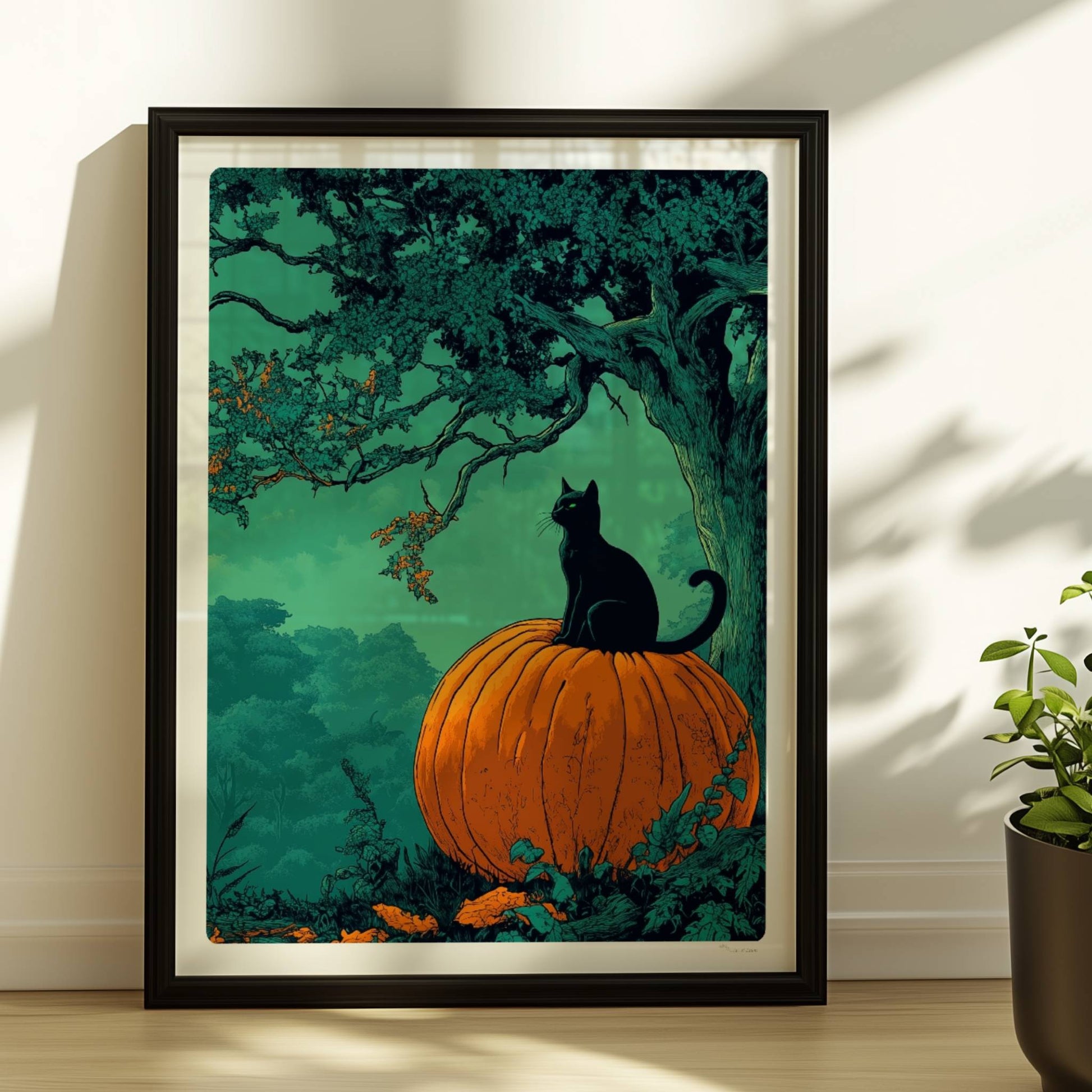 Schwarze Katze auf Kürbis unter orangefarbener Vollmondnacht im dichten Wald, geheimnisvolle Stimmung.. Rahmen schwarz 30x40