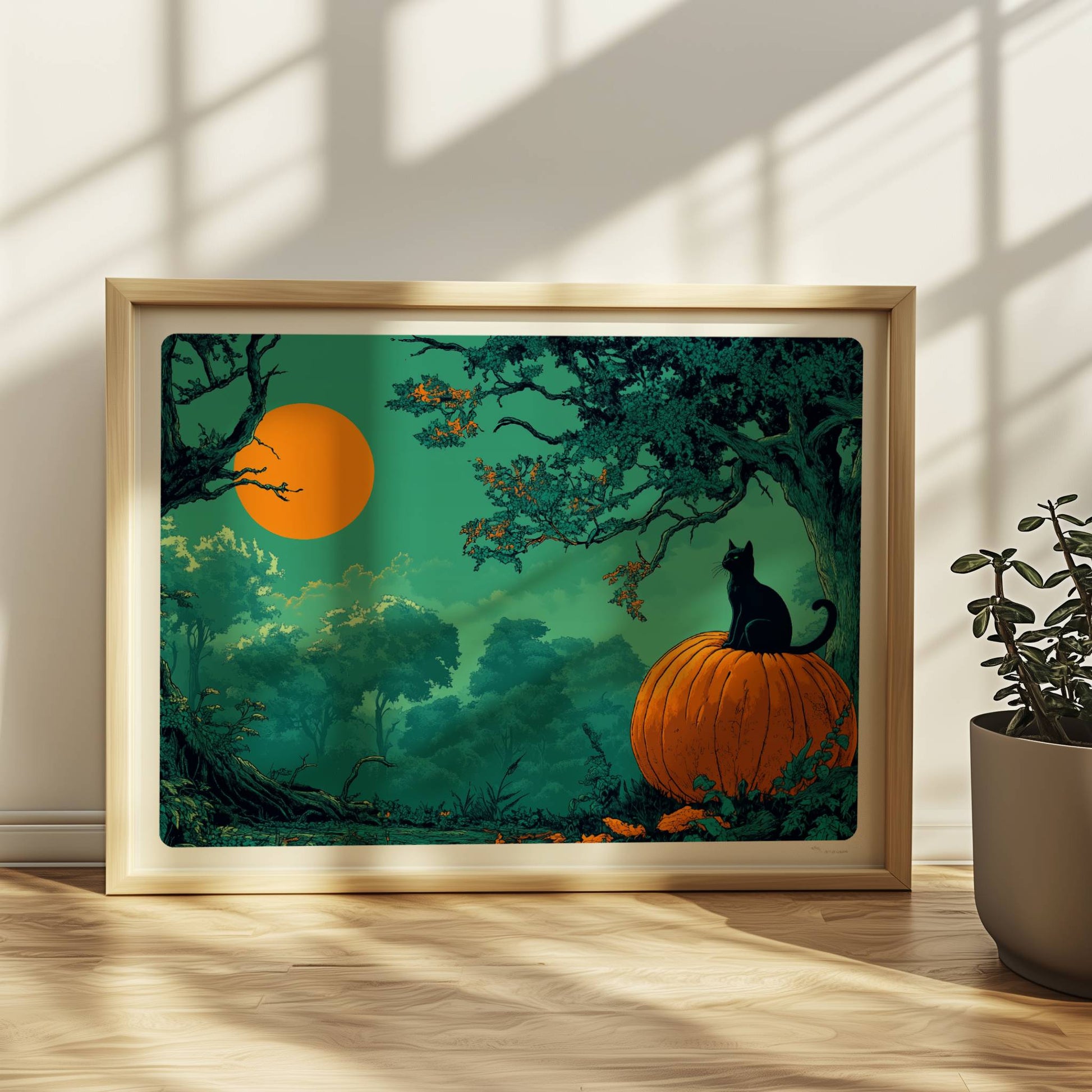 Schwarze Katze auf Kürbis unter orangefarbener Vollmondnacht im dichten Wald, geheimnisvolle Stimmung.. Rahmen natur 40x30