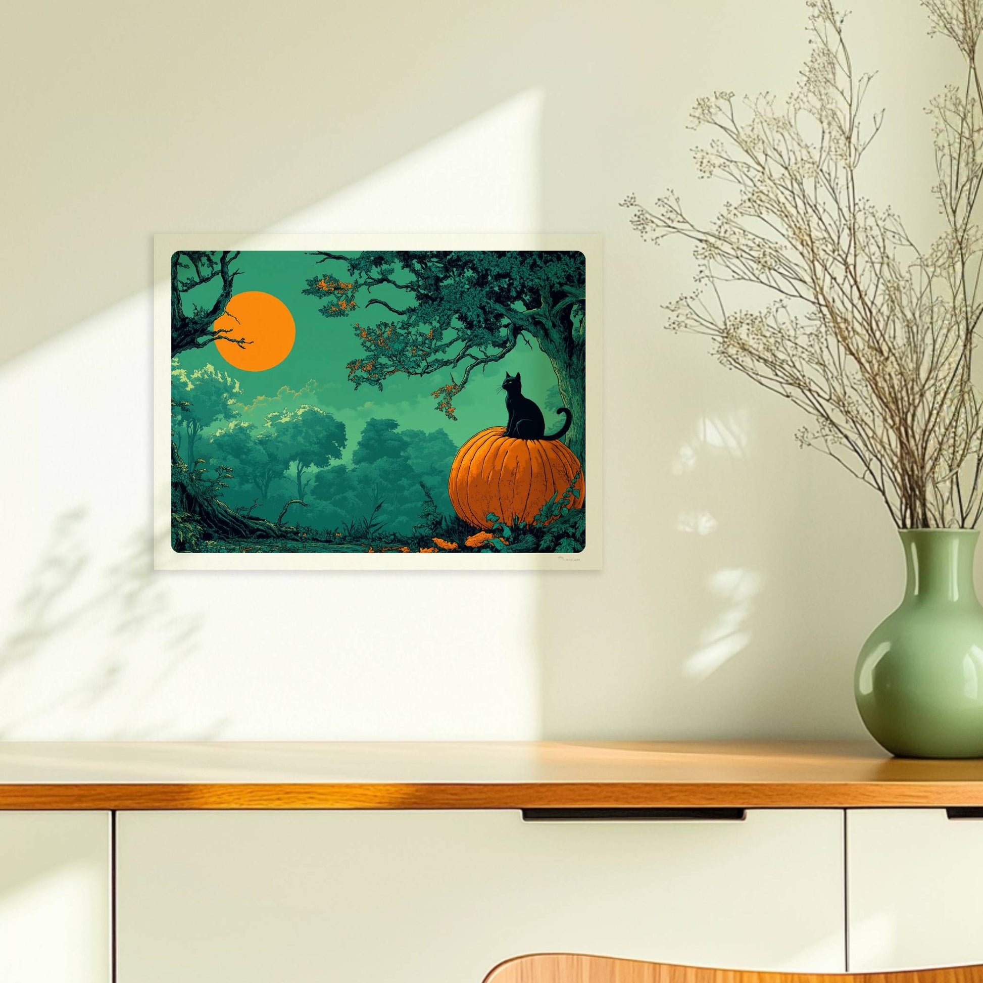 Schwarze Katze auf Kürbis unter orangefarbener Vollmondnacht im dichten Wald, geheimnisvolle Stimmung.. Ohne Rahmen 40x30
