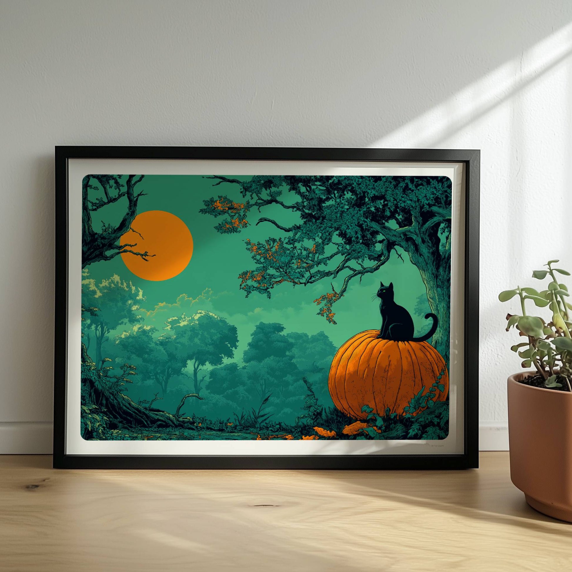 Schwarze Katze auf Kürbis unter orangefarbener Vollmondnacht im dichten Wald, geheimnisvolle Stimmung.. Rahmen schwarz 40x30