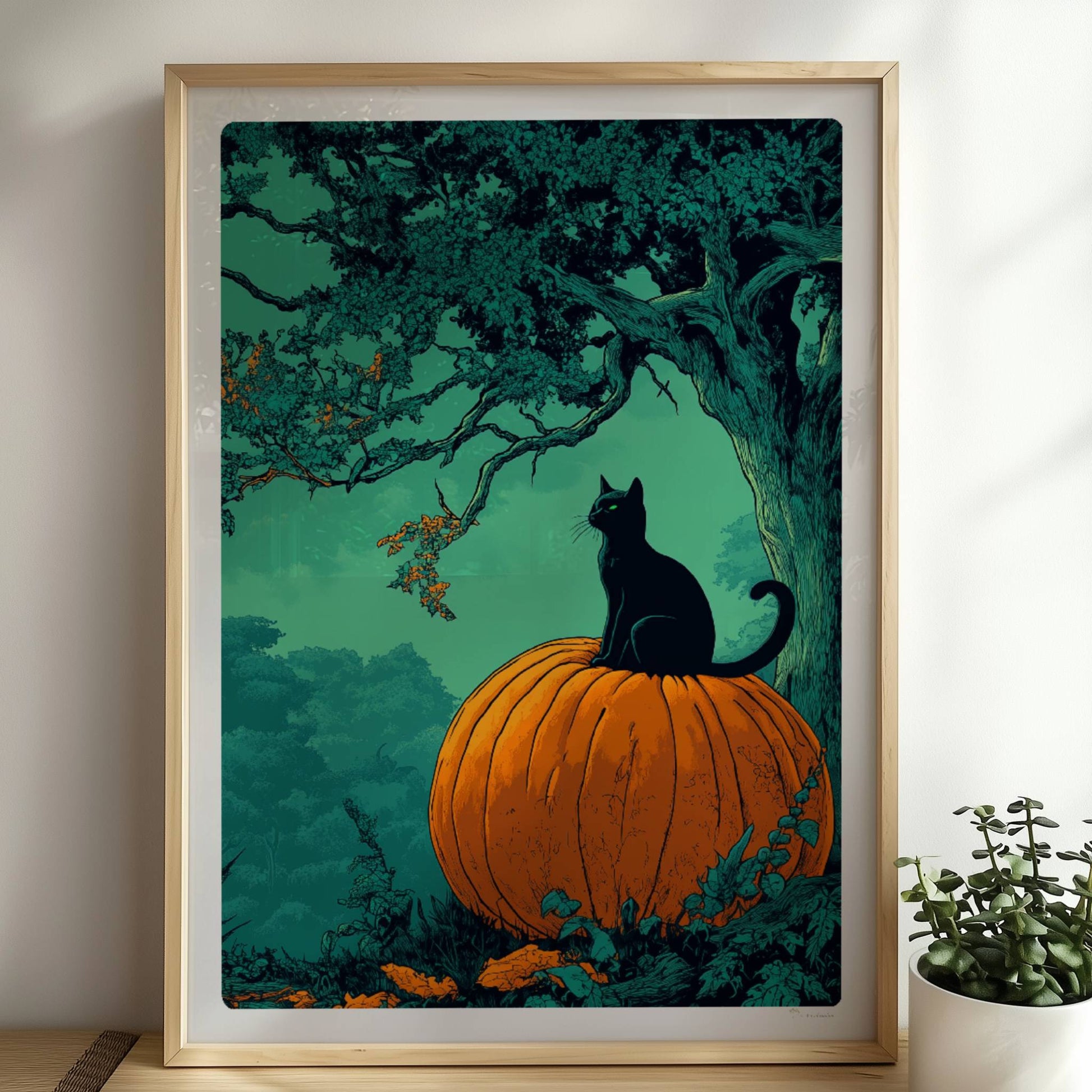Schwarze Katze auf Kürbis unter orangefarbener Vollmondnacht im dichten Wald, geheimnisvolle Stimmung.. Rahmen natur 50x70