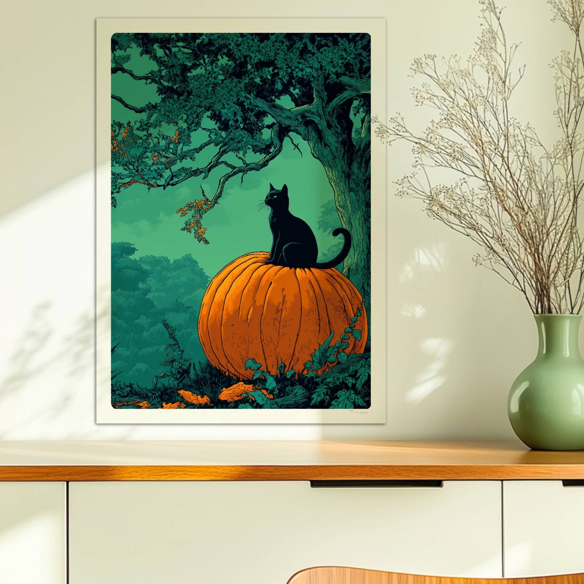 Schwarze Katze auf Kürbis unter orangefarbener Vollmondnacht im dichten Wald, geheimnisvolle Stimmung.. Ohne Rahmen 50x70