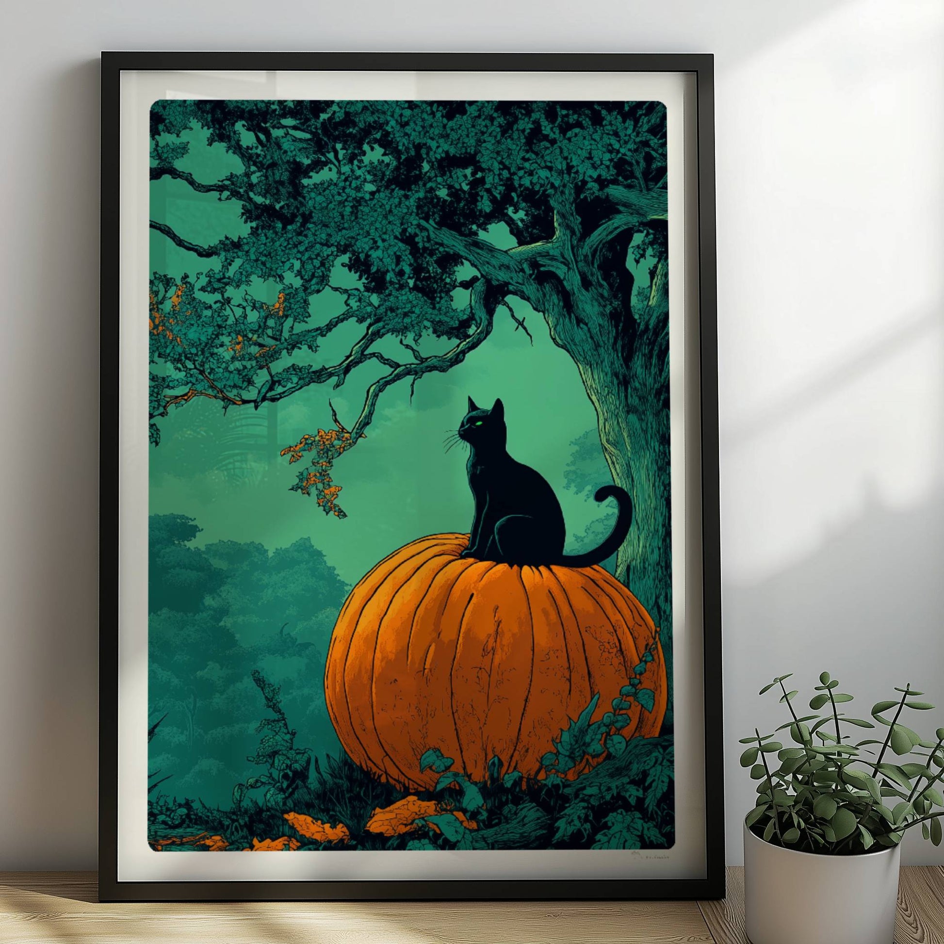 Schwarze Katze auf Kürbis unter orangefarbener Vollmondnacht im dichten Wald, geheimnisvolle Stimmung.. Rahmen schwarz 50x70