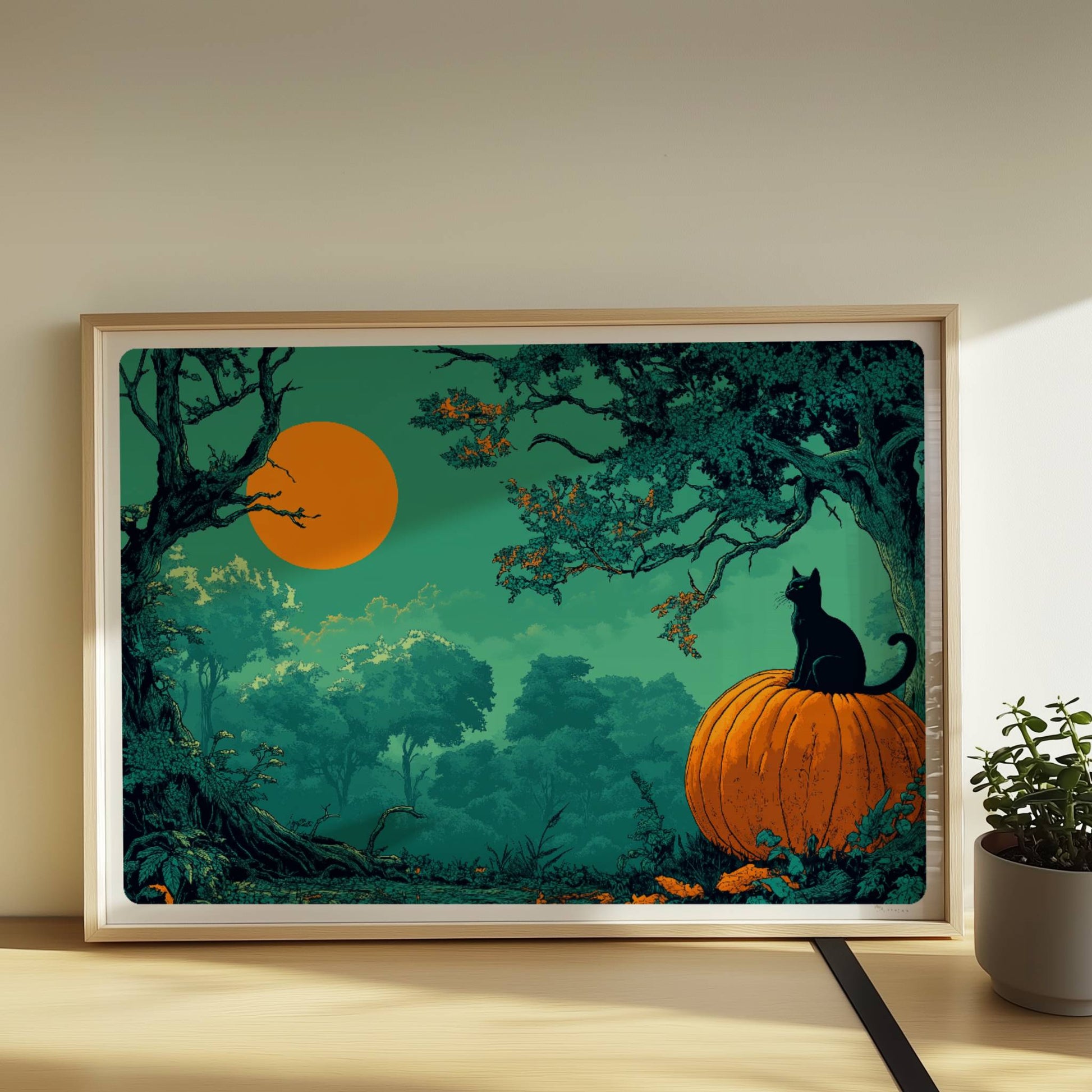 Schwarze Katze auf Kürbis unter orangefarbener Vollmondnacht im dichten Wald, geheimnisvolle Stimmung.. Rahmen natur 70x50