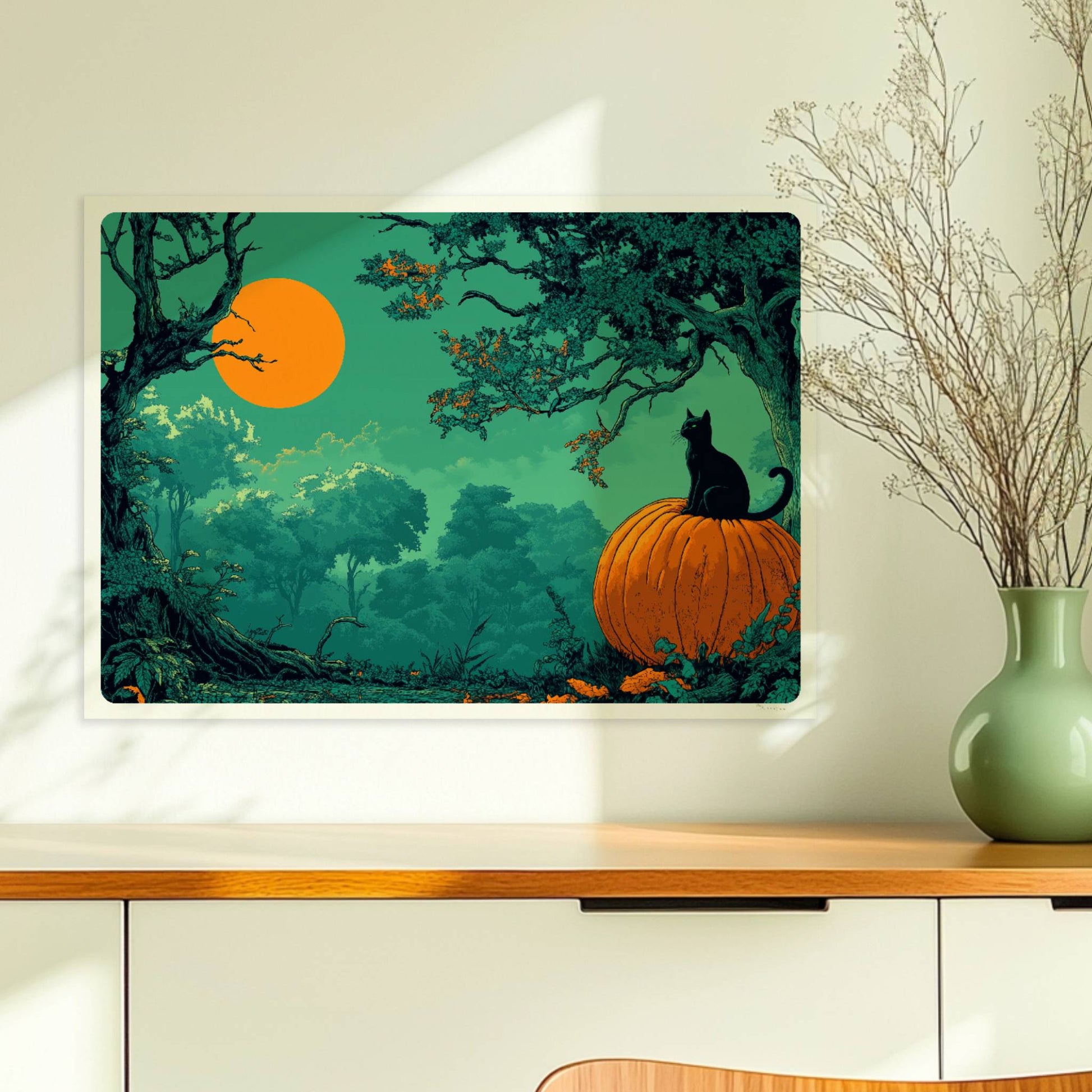 Schwarze Katze auf Kürbis unter orangefarbener Vollmondnacht im dichten Wald, geheimnisvolle Stimmung.. Ohne Rahmen 70x50