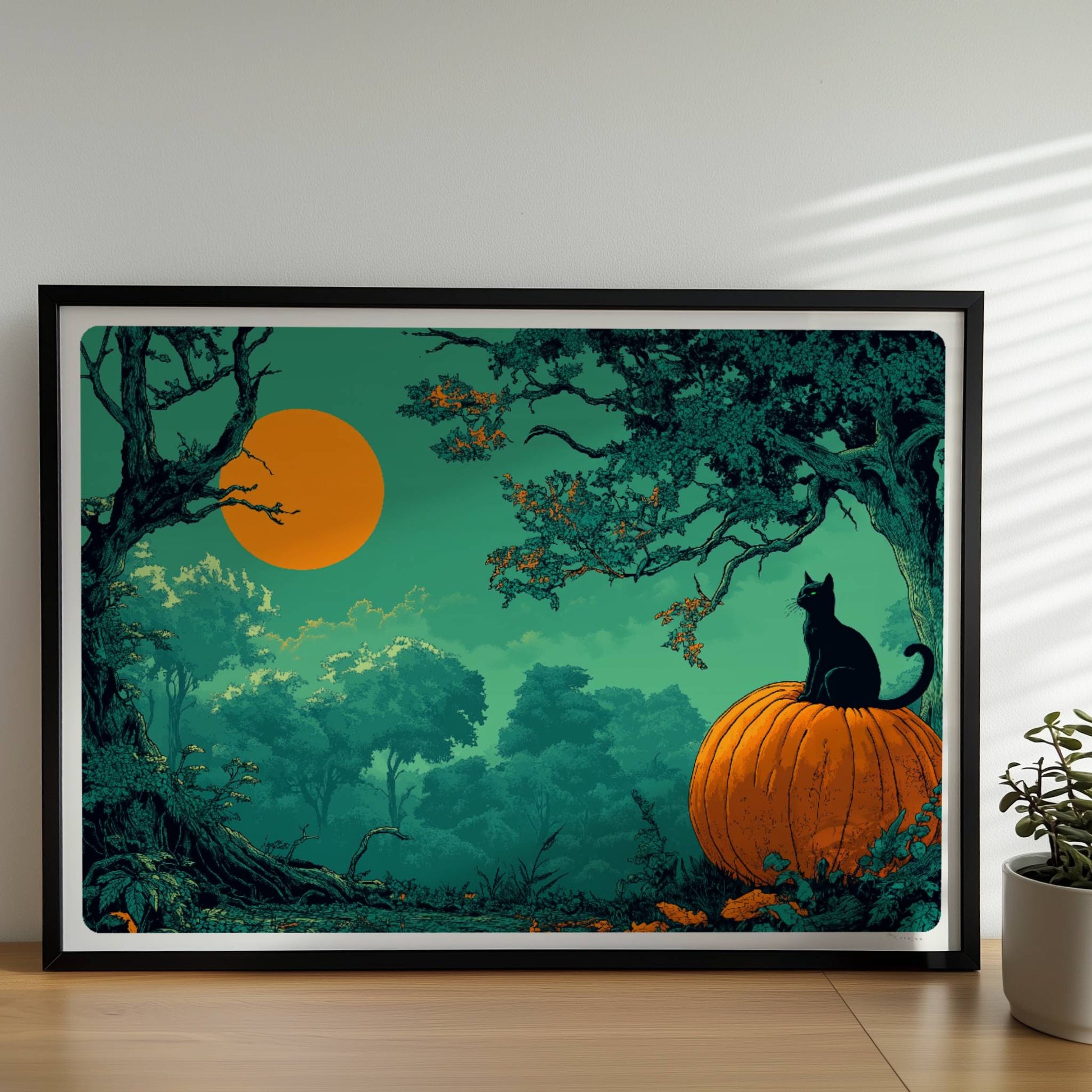 Schwarze Katze auf Kürbis unter orangefarbener Vollmondnacht im dichten Wald, geheimnisvolle Stimmung.. Rahmen schwarz 70x50