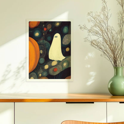Zwei Kürbisse und ein niedliches Geistwesen schweben in einer blasenartigen Halloween-Landschaft.. Ohne Rahmen 30x40