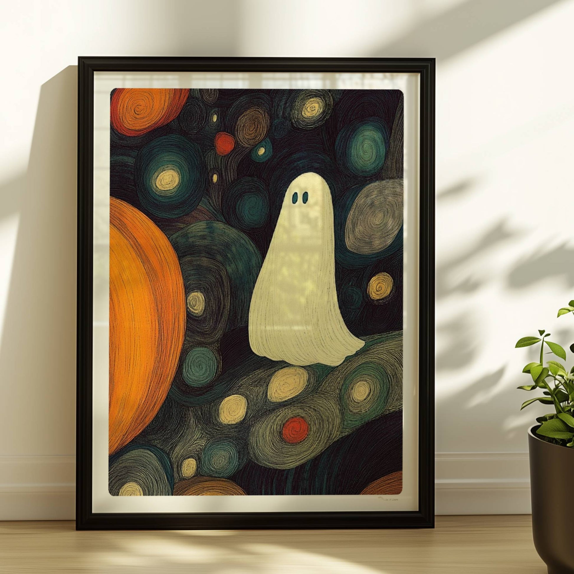 Zwei Kürbisse und ein niedliches Geistwesen schweben in einer blasenartigen Halloween-Landschaft.. Rahmen schwarz 30x40