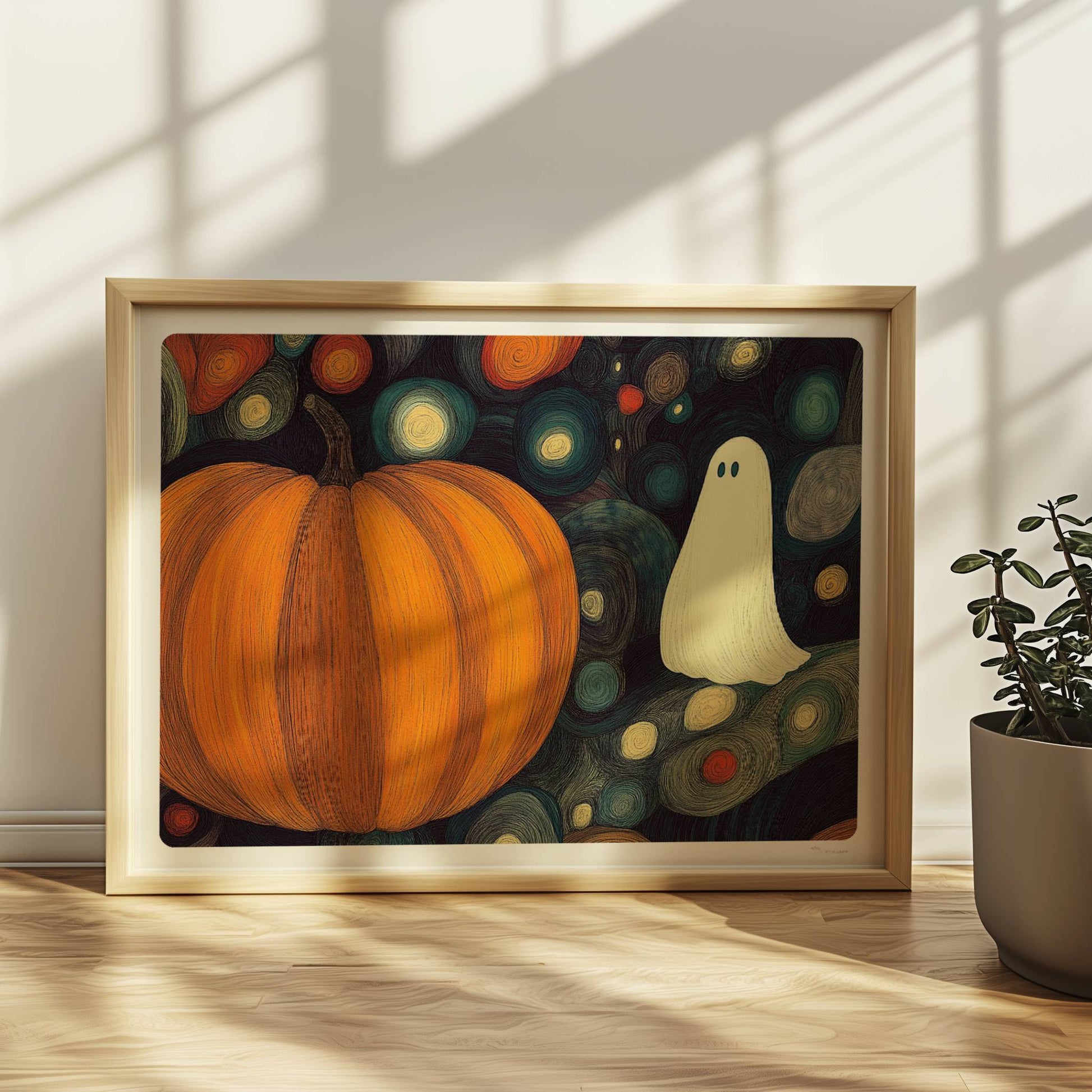 Zwei Kürbisse und ein niedliches Geistwesen schweben in einer blasenartigen Halloween-Landschaft.. Rahmen natur 40x30