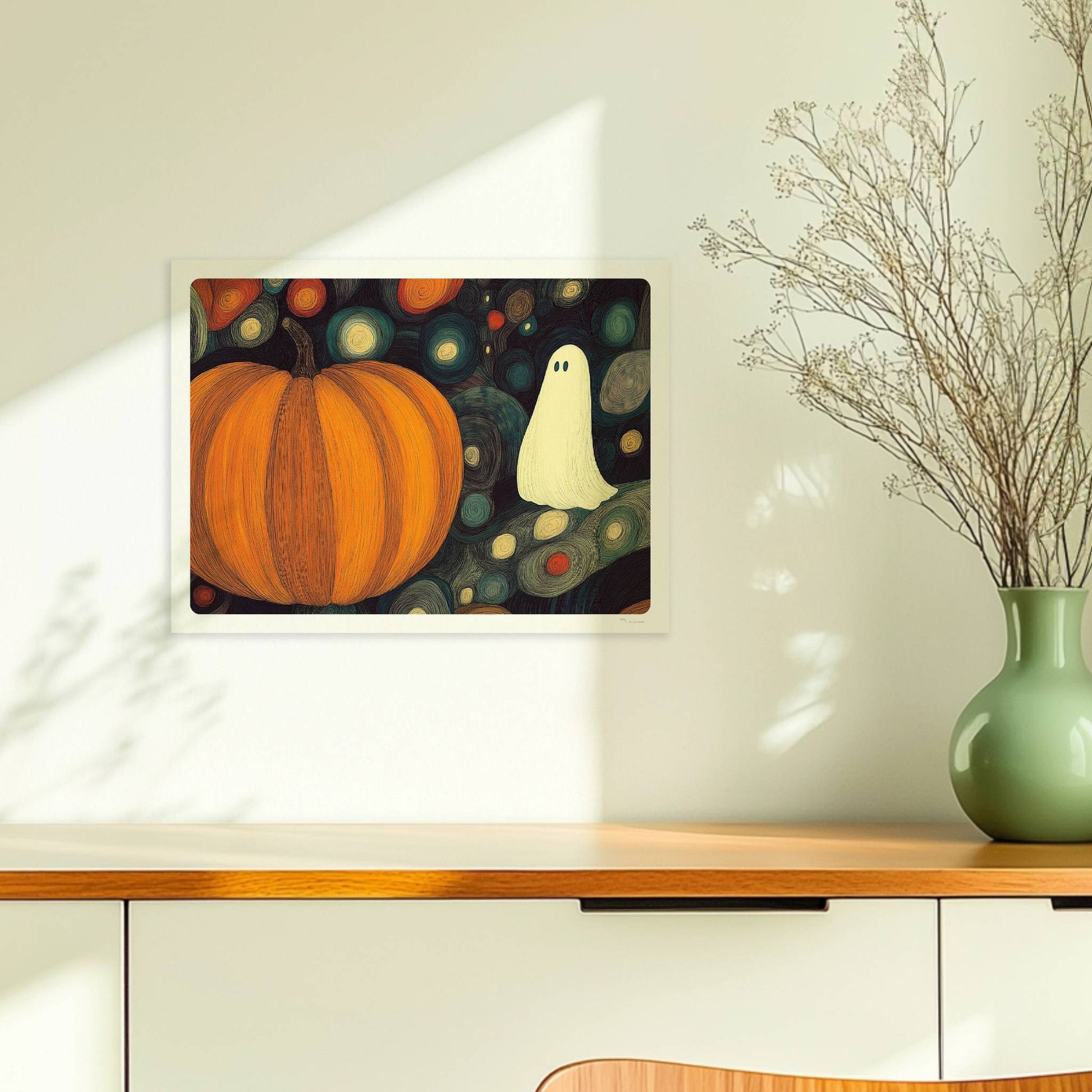 Zwei Kürbisse und ein niedliches Geistwesen schweben in einer blasenartigen Halloween-Landschaft.. Ohne Rahmen 40x30