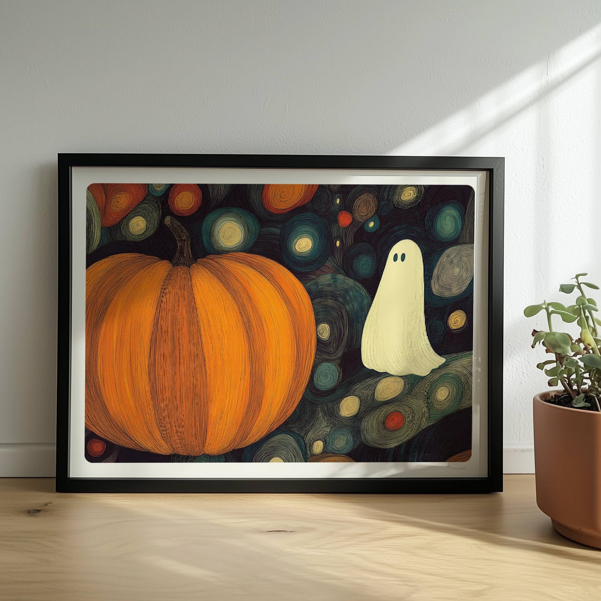 Zwei Kürbisse und ein niedliches Geistwesen schweben in einer blasenartigen Halloween-Landschaft.. Rahmen schwarz 40x30