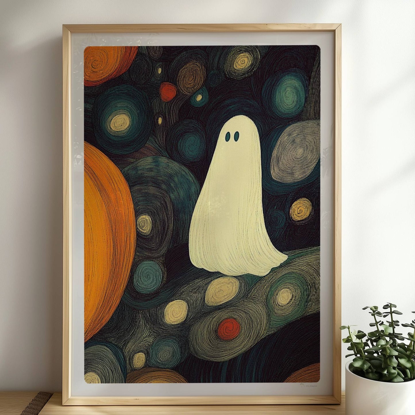 Zwei Kürbisse und ein niedliches Geistwesen schweben in einer blasenartigen Halloween-Landschaft.. Rahmen natur 50x70