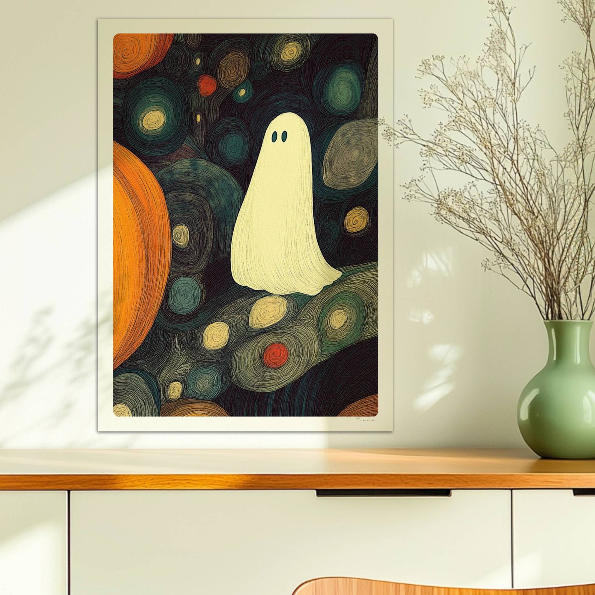 Zwei Kürbisse und ein niedliches Geistwesen schweben in einer blasenartigen Halloween-Landschaft.. Ohne Rahmen 50x70