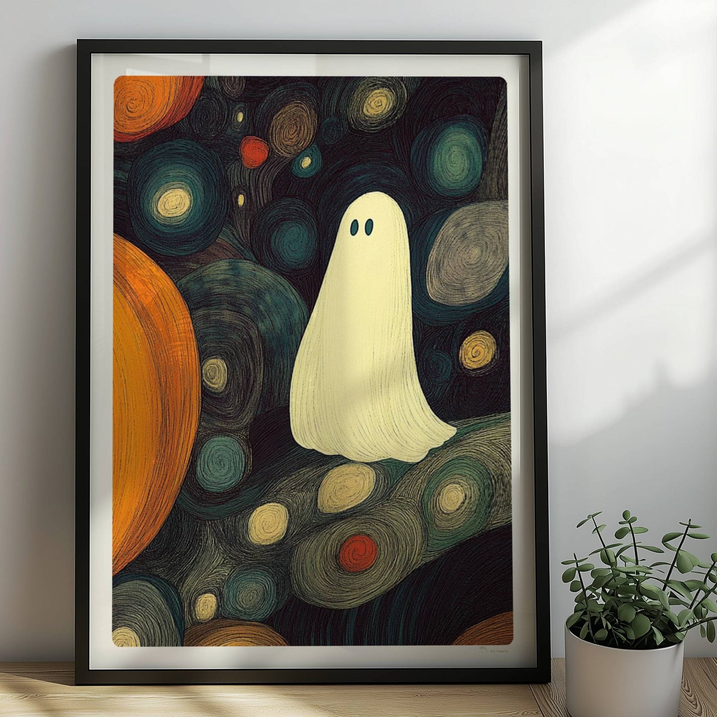 Zwei Kürbisse und ein niedliches Geistwesen schweben in einer blasenartigen Halloween-Landschaft.. Rahmen schwarz 50x70