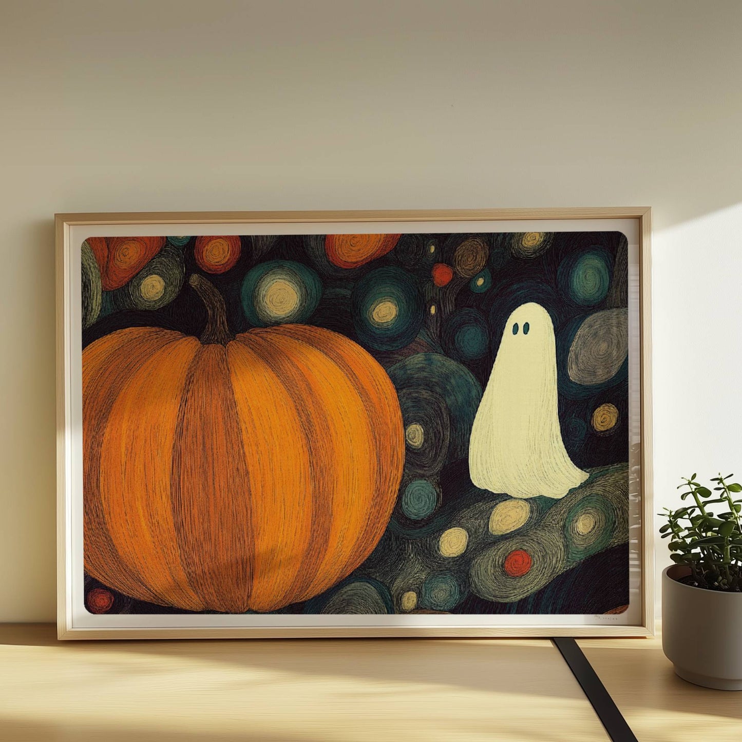 Zwei Kürbisse und ein niedliches Geistwesen schweben in einer blasenartigen Halloween-Landschaft.. Rahmen natur 70x50
