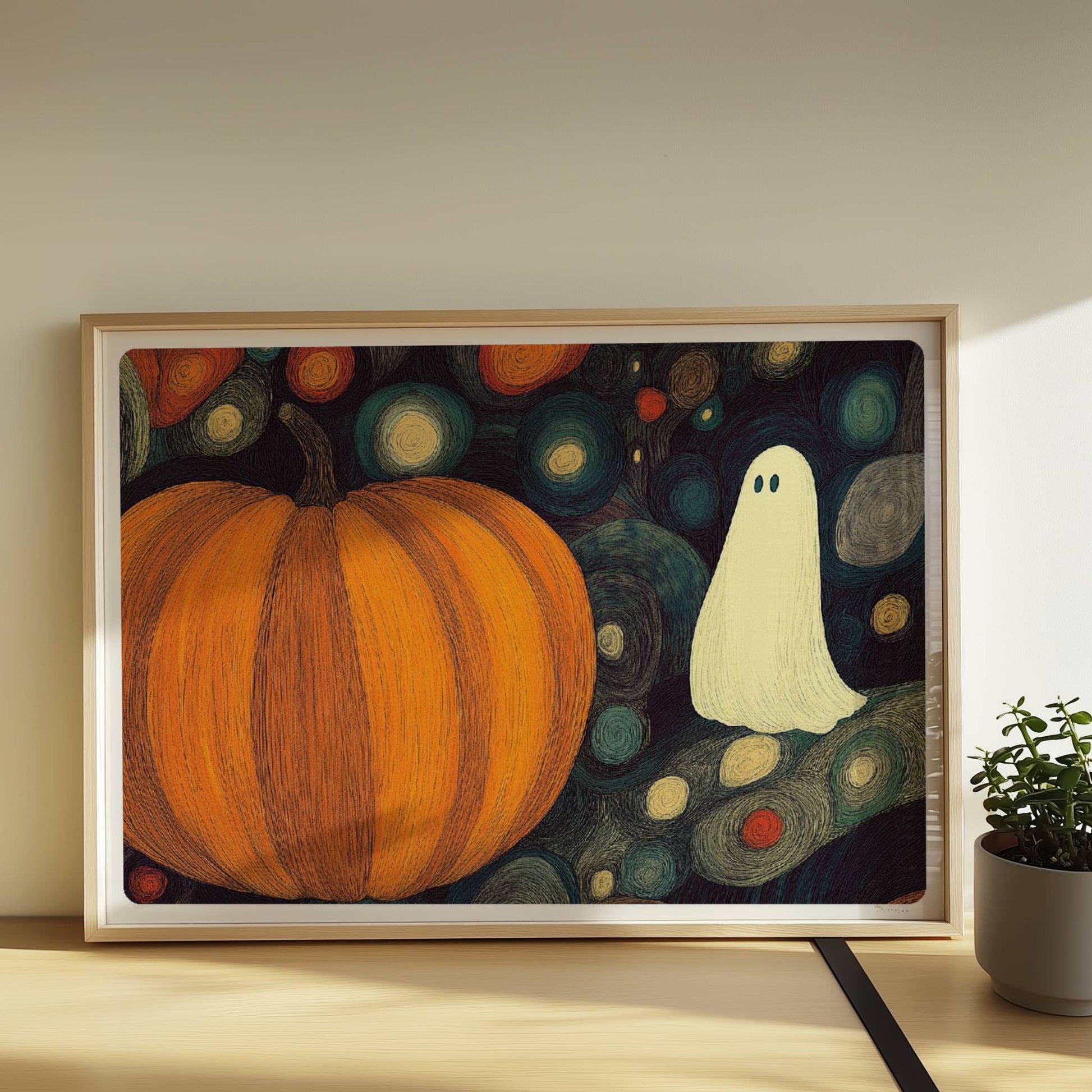 Zwei Kürbisse und ein niedliches Geistwesen schweben in einer blasenartigen Halloween-Landschaft.. Rahmen natur 70x50