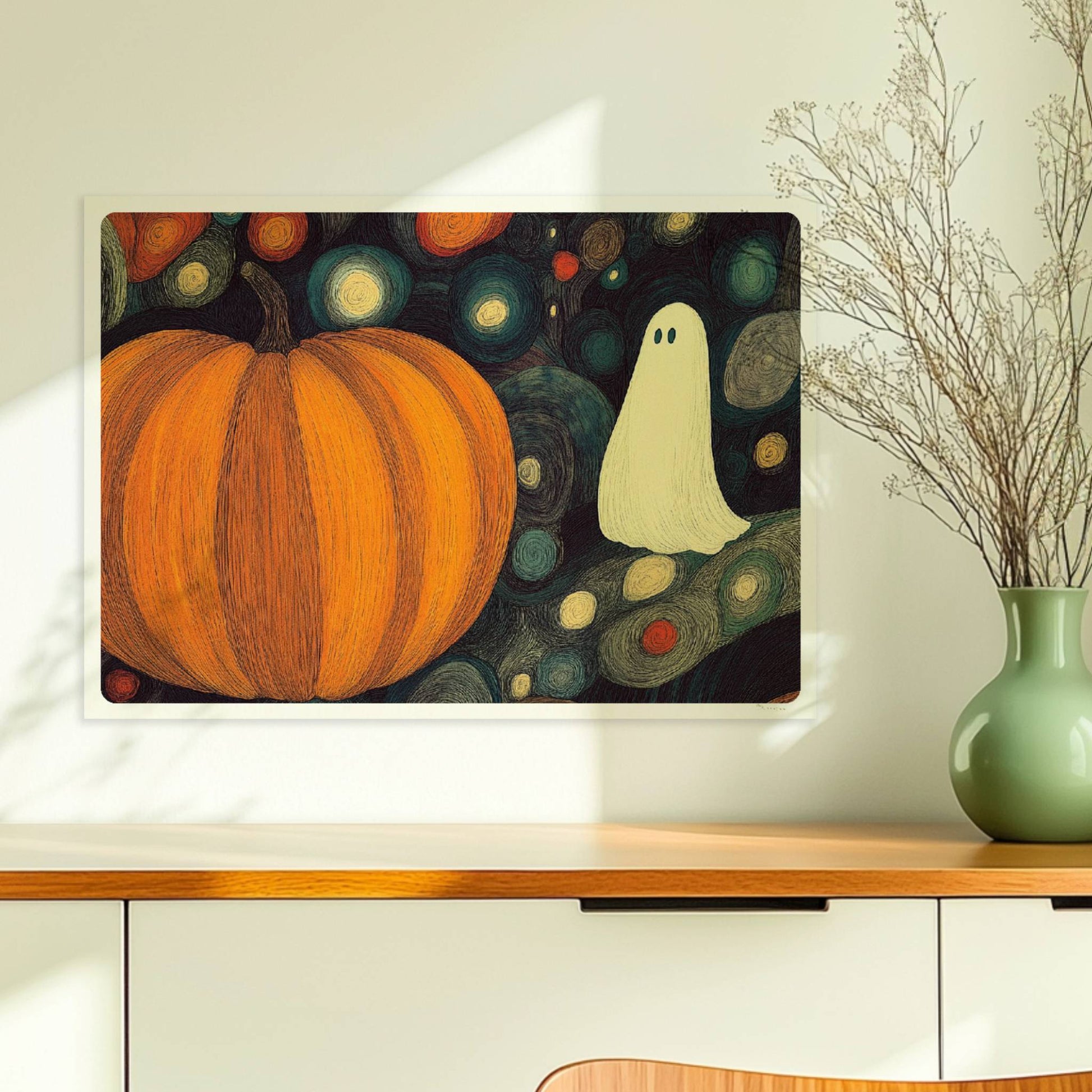 Zwei Kürbisse und ein niedliches Geistwesen schweben in einer blasenartigen Halloween-Landschaft.. Ohne Rahmen 70x50