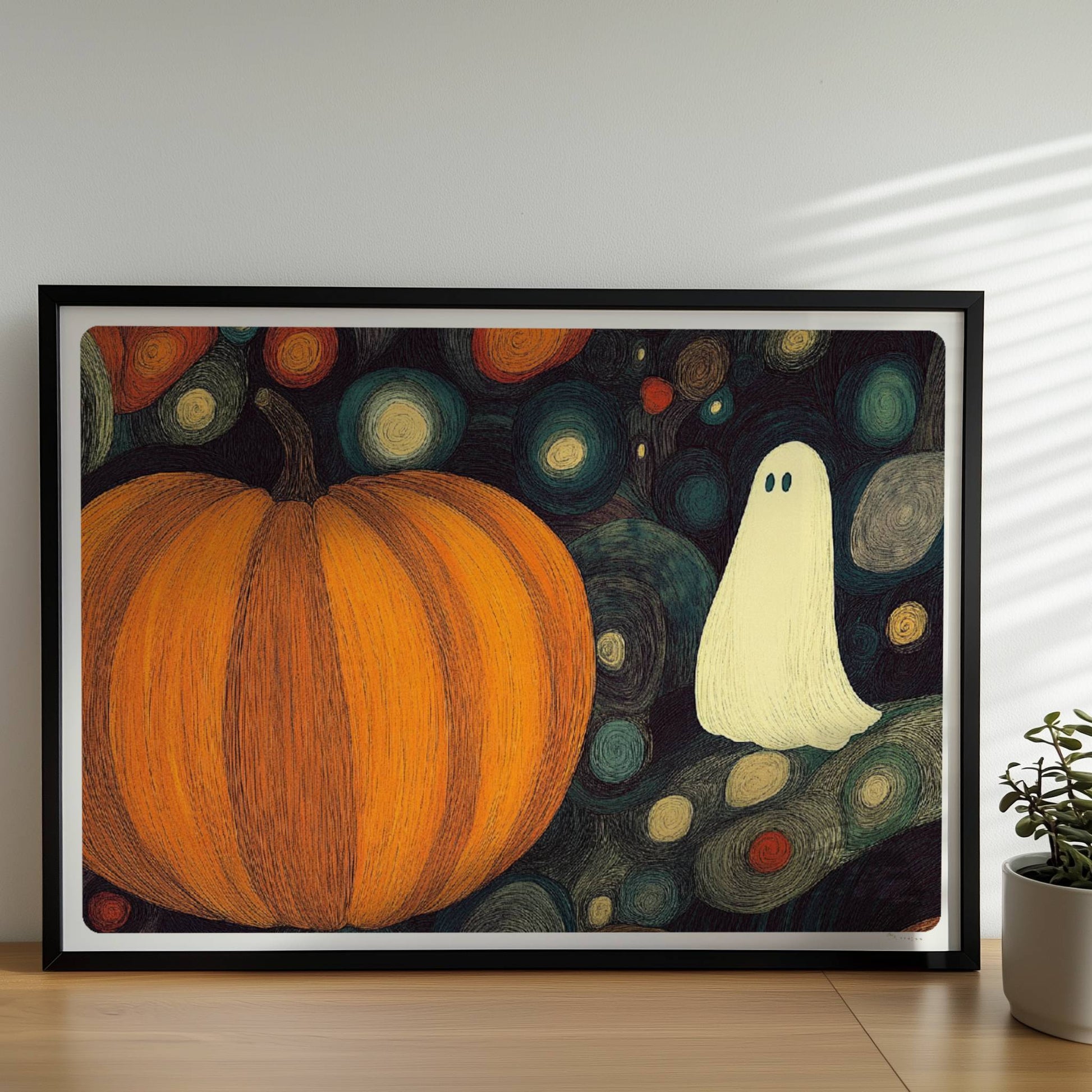 Zwei Kürbisse und ein niedliches Geistwesen schweben in einer blasenartigen Halloween-Landschaft.. Rahmen schwarz 70x50
