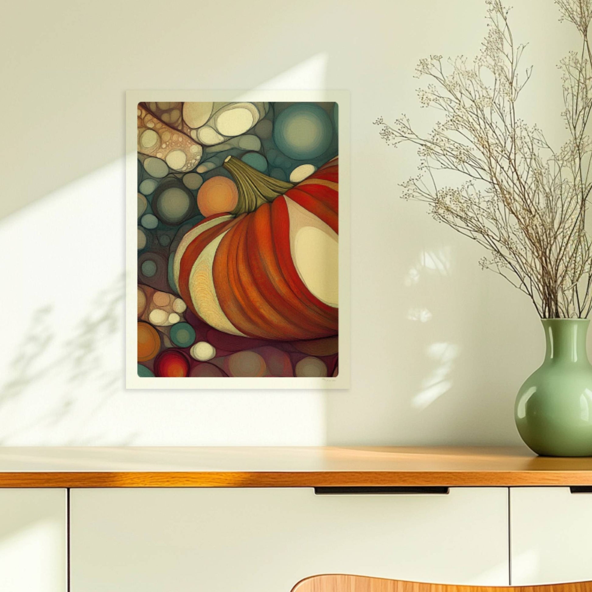 Kürbis mit buntem, gestreiftem Muster in einer organischen Blasenlandschaft, herbstlich dekorativ.. Ohne Rahmen 30x40