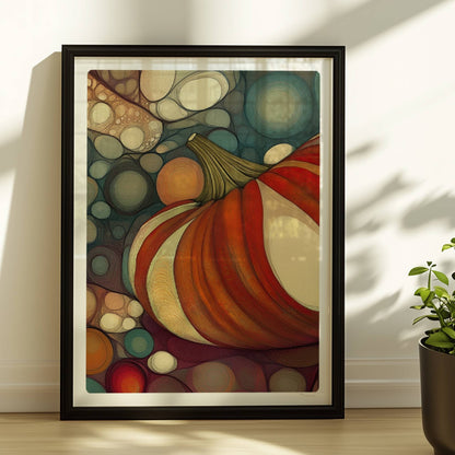 Kürbis mit buntem, gestreiftem Muster in einer organischen Blasenlandschaft, herbstlich dekorativ.. Rahmen schwarz 30x40
