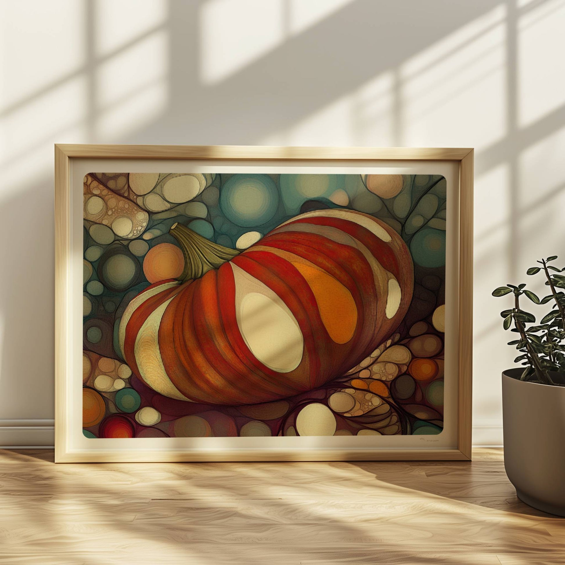 Kürbis mit buntem, gestreiftem Muster in einer organischen Blasenlandschaft, herbstlich dekorativ.. Rahmen natur 40x30