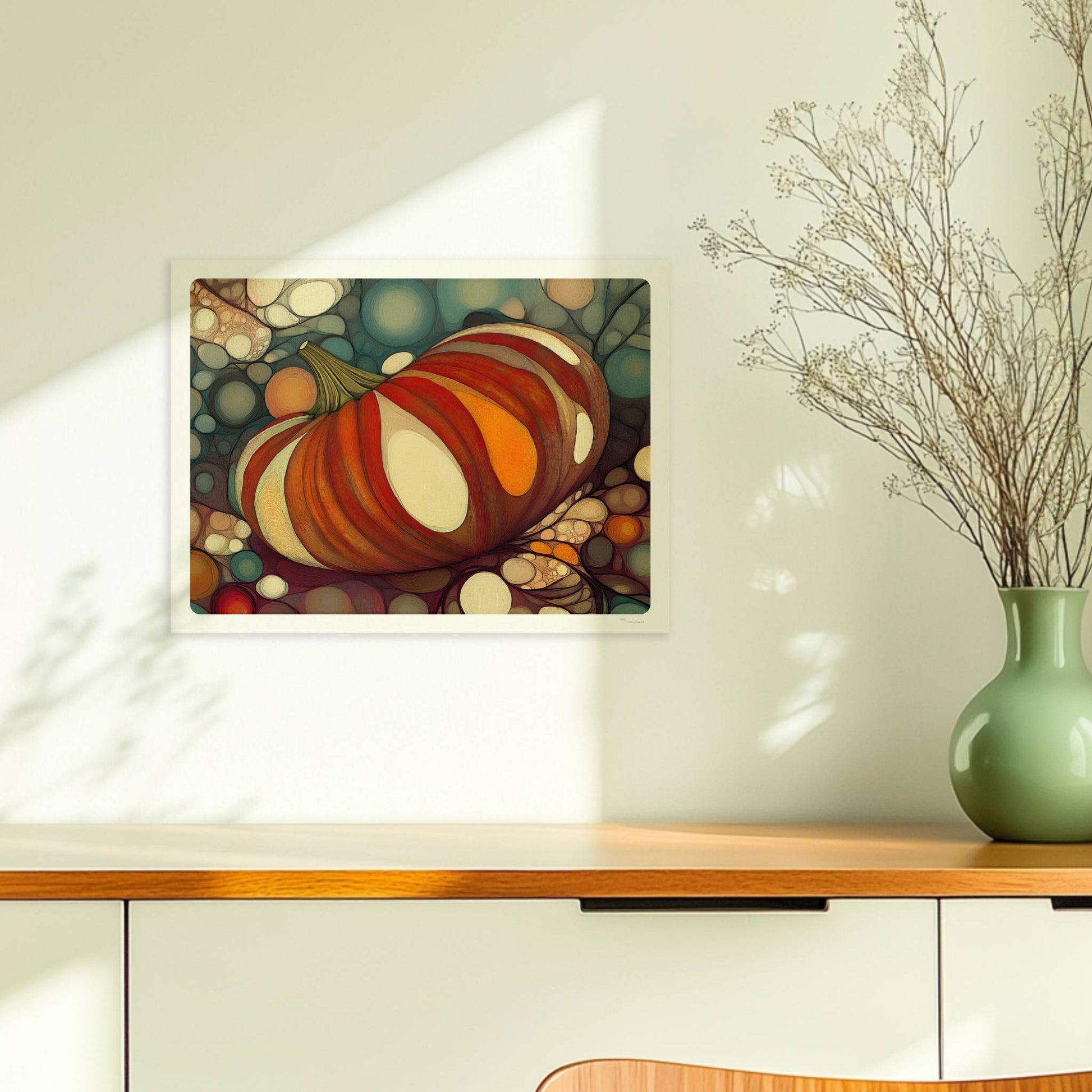 Kürbis mit buntem, gestreiftem Muster in einer organischen Blasenlandschaft, herbstlich dekorativ.. Ohne Rahmen 40x30