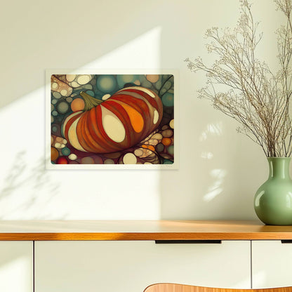 Kürbis mit buntem, gestreiftem Muster in einer organischen Blasenlandschaft, herbstlich dekorativ.. Ohne Rahmen 40x30