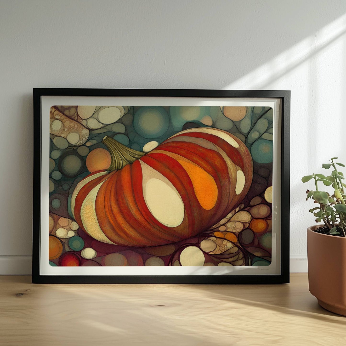 Kürbis mit buntem, gestreiftem Muster in einer organischen Blasenlandschaft, herbstlich dekorativ.. Rahmen schwarz 40x30