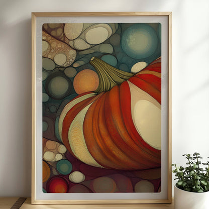Kürbis mit buntem, gestreiftem Muster in einer organischen Blasenlandschaft, herbstlich dekorativ.. Rahmen natur 50x70