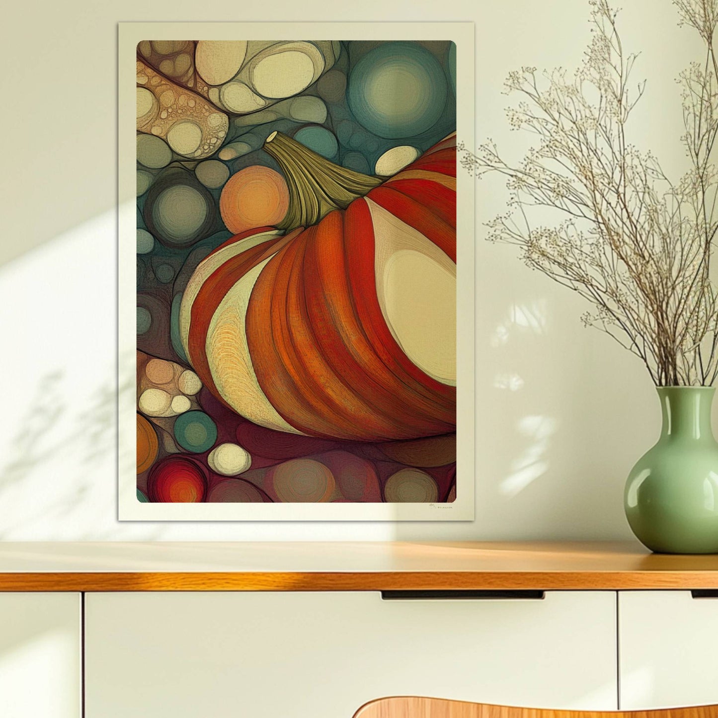 Kürbis mit buntem, gestreiftem Muster in einer organischen Blasenlandschaft, herbstlich dekorativ.. Ohne Rahmen 50x70