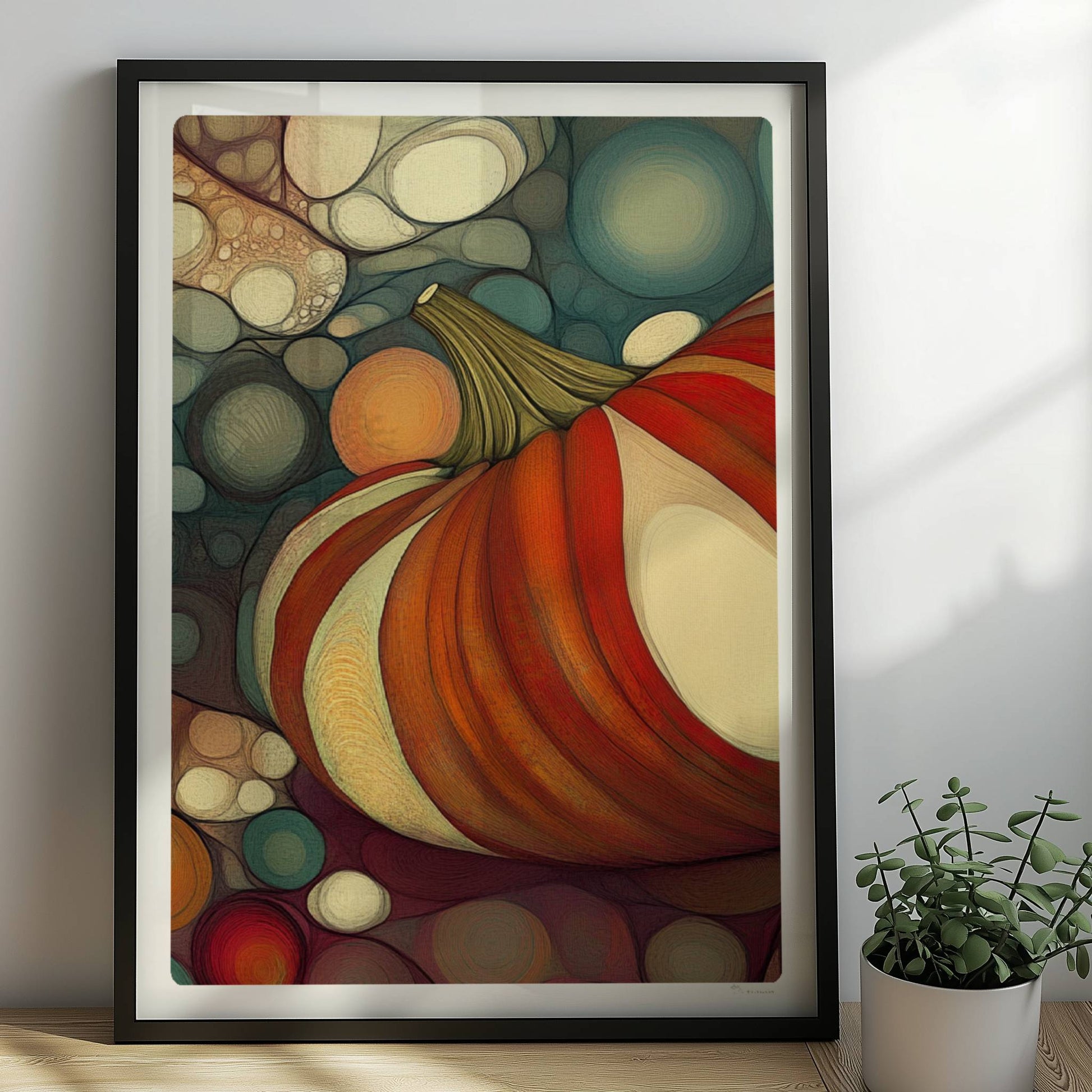 Kürbis mit buntem, gestreiftem Muster in einer organischen Blasenlandschaft, herbstlich dekorativ.. Rahmen schwarz 50x70