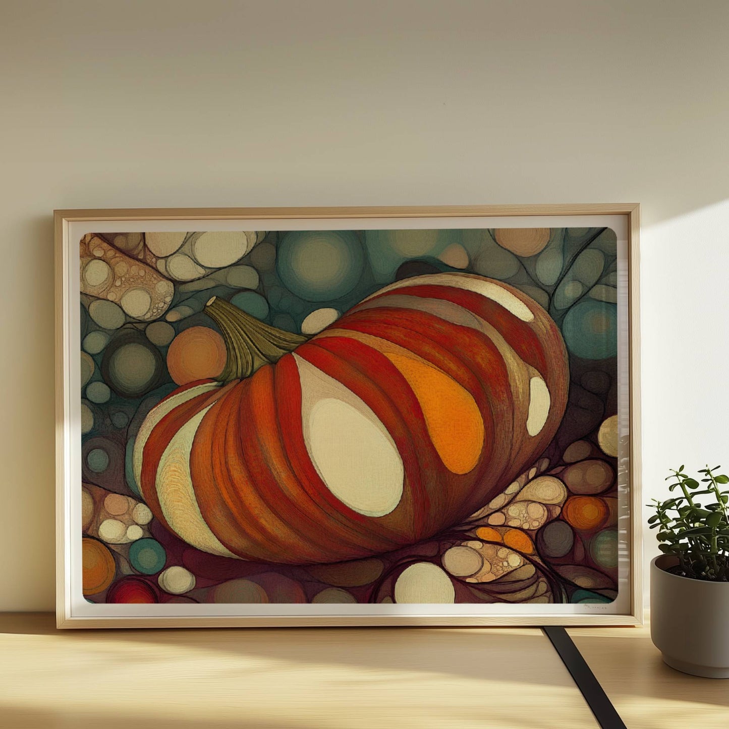 Kürbis mit buntem, gestreiftem Muster in einer organischen Blasenlandschaft, herbstlich dekorativ.. Rahmen natur 70x50